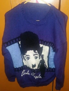 Handmade blue Sweater modern times Charlie Chaplin at Front For Teen Size 14-16 - Picture 1 of 1
