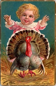Postal de Acción de Gracias Bebé Niña con Pavo PM 1908 Brooklyn Nueva York Sta. 8 - Imagen 1 de 2