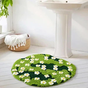 Cute Green Floral Bath Mat Daisy Flower Rug Non Slip Soft Absorbent 2Ft Carpet - Picture 1 of 12