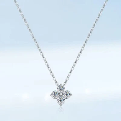 REAL VVS1 Moissanite Clover Pendant Necklace Women Gift 18k White Gold Plated - Image 1 of 4