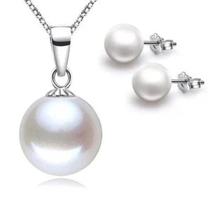 PERLEN SCHMUCKSET 925 STERLING SILBER PLATTIERT HALSKETTE PERLE KETTE OHRRINGE - Bild 1 von 6