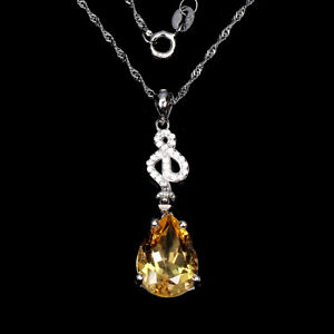 Unheated Pear Citrine 14x10mm Cz White Gold Plate 925 Sterling Silver Necklace