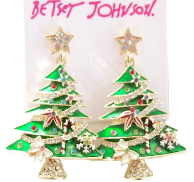 2" BETSEY JOHNSON DECORATED CHRISTMAS TREE w/ RHINESTONES DROP DANGLE EARRINGS - Image 1 of 4