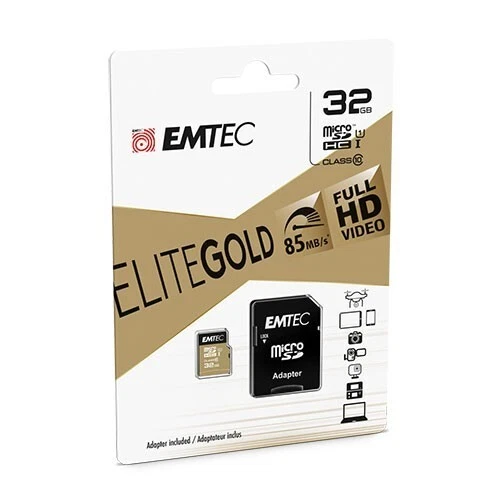 Emtec Elite Gold SDHC 32GB Class 10 Micro Memory Card & Adapt 85MB Full HD Video - Image 1 of 1