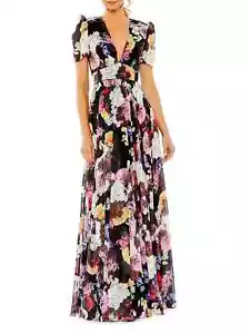 Ieena Mac Duggal Black Multi Floral Short Sleeve Pleated Gown Size 2 $498 - Picture 1 of 3