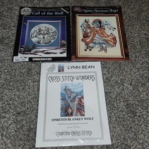 3 Counted Cross Stitch Patterns Spirited Blanket Wolf Native American Angel - Picture 1 of 7