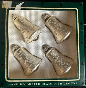 Christmas by Krebs 4 Glass Bell Ornaments Pearl & Silver Glitter Stenciled Boxed - Picture 1 of 7