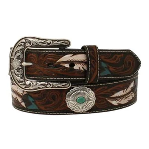 Cinturón de cuero trenzado marrón para mujer A1533602 Ariat con plumas y conchos plateados - Imagen 1 de 1