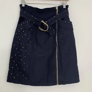 Maje US 4 EU 38 Midnight Blue Linen Blend Studded Belted Mini Skirt with Pockets - Picture 1 of 6