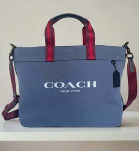 Coach Tote Bag 38 Shoulder Bag Blue Canvas Leather CJ486 Medium Zip Top - Picture 1 of 11
