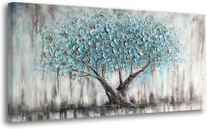 Tree Wall Art Teal Blue Nature Tree of Life Abstract Canvas Painting Textured P - Picture 1 of 6