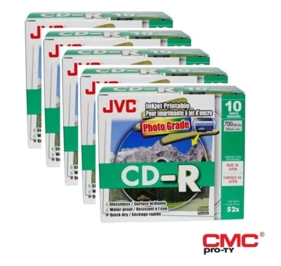 50 JVC CD-R Gloss InkJet Printable WaterProof CD 52x 700MB 80mins in Slim Case - Image 1 of 4