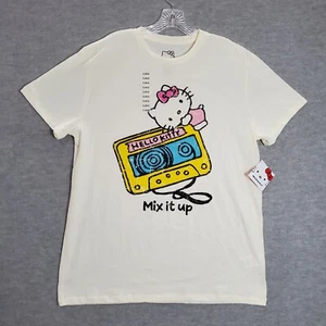 Hello Kitty Men Shirt XL Cream Logo Mix It Up Tape Graphic Short Sleeve Tee NWT - Picture 1 of 9