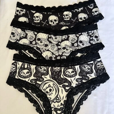 Morvia 3 Lace trim goth Emo panties lingerie S Mushrooms, Moon & Stars - Image 1 of 4