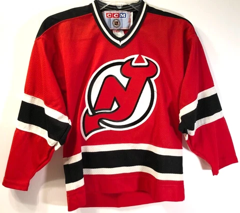NEW JERSEY DEVILS Vintage 90s CCM Boys NHL Red Black Hockey Jersey S/M Cover