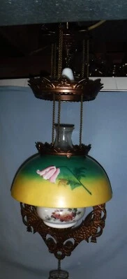 Старинный викторианский потолочный библиотечный светильник с керосиновым маслом и железной лошадью - Изображение 1 из 4