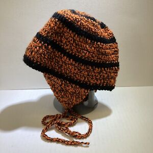 Ear Flap Hat Youth Kid’s Bengals Colors Wool Cotton Blend Handmade Crotched