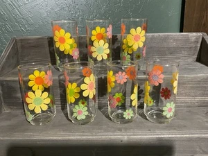Lot Of 7, Libbey Flower Power ‘Sticker’ Drinking Glasses, Mid Century Modern MCM - Bild 1 von 5