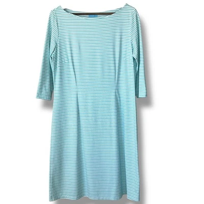 Vestido J. McLaughlin XL Catalina Tela Azul Blanco Rayas Cuello Barco Hasta la Rodilla Foto 1 de 4