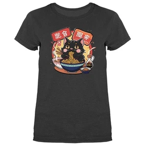 Kawai Cat Eating Ramen Noodle - Japanischer Anime Manga Damen T-Shirt - Bild 1 von 19