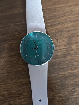 Alessi Mendini Womens AL8009 White Leather Turquoise Silver Watch 7 1/2" TESTED - Image 1 of 4