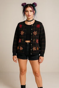 Cardigan oversize vintage anni 90 novità autunno foglie donna L nonna nonna - Foto 1 di 15
