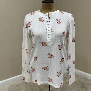 Aerie Women Heart Eyes Waffle Henley Long Sleeve Shirt Size XL New Flowers - Picture 1 of 14