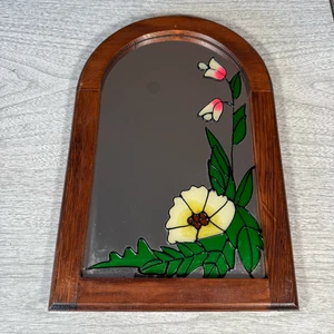 Vintage Arched Stained Glass Flower Mirror in Wood Frame. 13.5x9. 1970s. - Picture 1 of 2