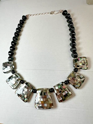 Jay King Necklace Desert Rose Trading Black Mosaic Stone Pendant Onyx Shell - Image 1 of 4