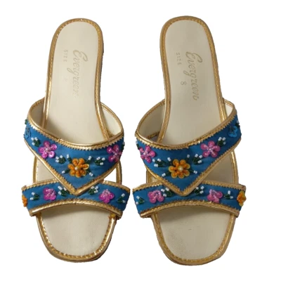 EVERGREEN 8 凉鞋装饰十字天鹅绒低跟鞋拖鞋 60 年代复古 — 第 1/4 张图片