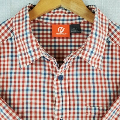 MERRELL Size Large Mens Picnic Table Checkerboard Red Blue Gingham Short Sleeve - Image 1 of 4