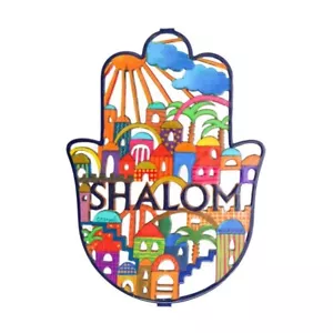 Hamsa Wall Hanging - Jerusalem - SHALOM - Hand Made in Israel - Jewish Home Gift - Picture 1 of 2