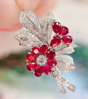 2.30Ct Oval Cut Lab Created Ruby Flower Beauty Brooch Pin 14K White Gold Plated - Image 1 of 4