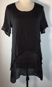 LILIA SIZE S WOMENS BLACK LAYERED COTTON LINEN SHORT SLEEVE TOP ASYMMETRICAL NEW - Picture 1 of 12
