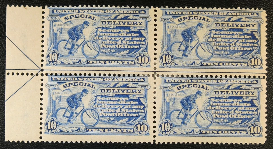U.S. #E6 1902 10¢ Bicicleta Mensajero Entrega Especial Bloque de 4 Como Nuevo  Foto 1 de 4