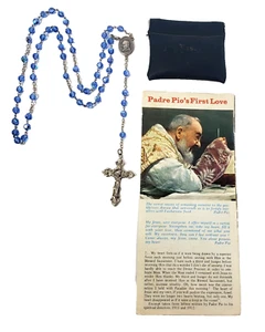 St. Padre Pio Blue Crystal AB Relic Rosary w/ Leather Case & Information Leaflet - Picture 1 of 8