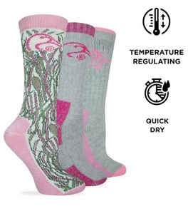 Ducks Unlimited Womens Merino Wool Heavy Camo Pink Crew Boot Ankle Socks 3 Pack - Picture 1 of 7
