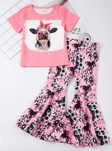 NEW Boutique Girls Pink Cow Print Bell Bottoms Outfit - Picture 1 of 9