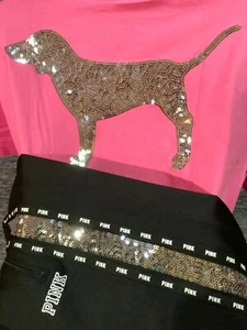 Victoria's Secret Rosa Bling Campus Camiseta + Juego de Pantalones de Pista Rosa Negro Perro M - Imagen 1 de 12