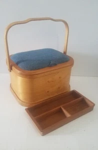 Vintage Wooden Padded Top Sewing Basket With Removeable Accessory Tray - Picture 1 of 20