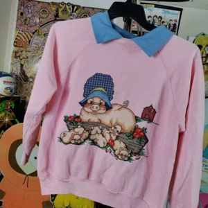 Vintage Pig Art Cottage Sweatshirt No Tag 20x22 Xs Spots A28 - Picture 1 of 5