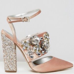 Asos satin embellished bridal pointed toe block heels Size 5