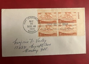 May 31, 1954 US FIRST DAY COVER 3 Cent Plate Block KANSAS TERRITORIAL No Cachet - Picture 1 of 5