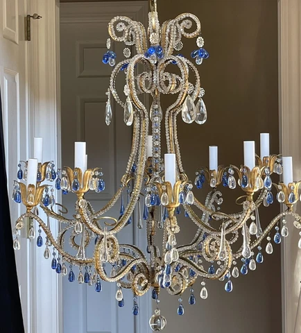 Vintage Macaroni Beaded Crystal Chandelier 10 Light 27” Italian Murano Blue Drop Cover