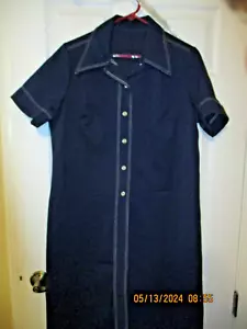 Vintage 1960's Blue Collared Short Sleeve Button Front Dress w / White Stitching - Picture 1 of 3