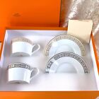 2 x Hermes Paris Tea Cup Saucer Egee Soleil & Luna White French Porcelain w/Case