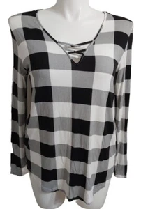 *NEW* Feiersi XLarge Black & White Checked Long Sleeve V-neck Blouse #17y32 - Picture 1 of 2