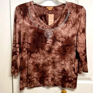 Aces Design braun Batik Mittelärmel Perlen weich Stretch Top Größe L Neu mit Etikett - Bild 1 von 6