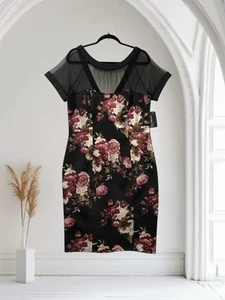 Enfocus Women’s Floral Scuba Midi Dress Size 14W Stretch Knit Sheer Mesh Top NWT - Picture 1 of 22