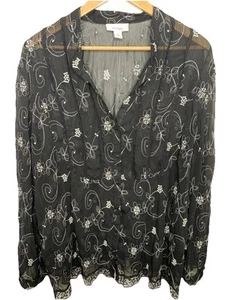Dress Barn Size 3X Blouse Sheer Whimsigoth Black White Embroidered Dark Romance - Picture 1 of 10
